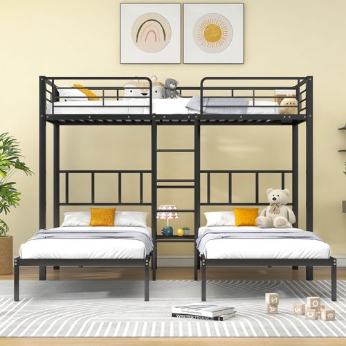 Lit Superposé Triple 90x200 Cm En Fer Avec Grille Antichute Et Table, Noir