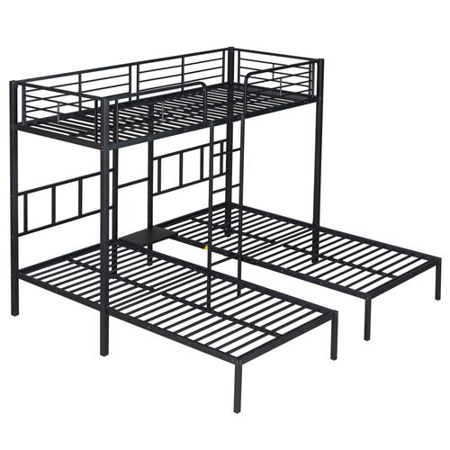 Lit Superposé Triple 90x200 Cm En Fer Avec Grille Antichute Et Table, Noir