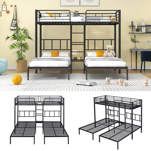 Lit Superposé Triple 90x200 Cm En Fer Avec Grille Antichute Et Table, Noir