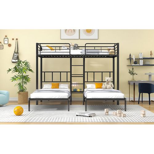 Lit Superposé Triple 90x200 Cm En Fer Avec Grille Antichute Et Table, Noir