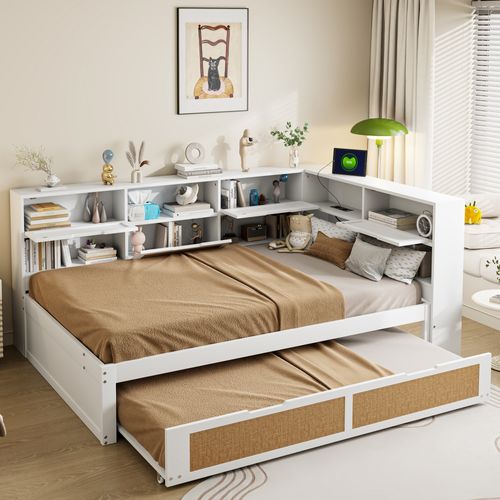 Canapé-lit 140x200 Avec Lit Gigogne 90x190 - LEDs, Prêtes USB, Rangements, Sommier Lattes, Flanelle Beige