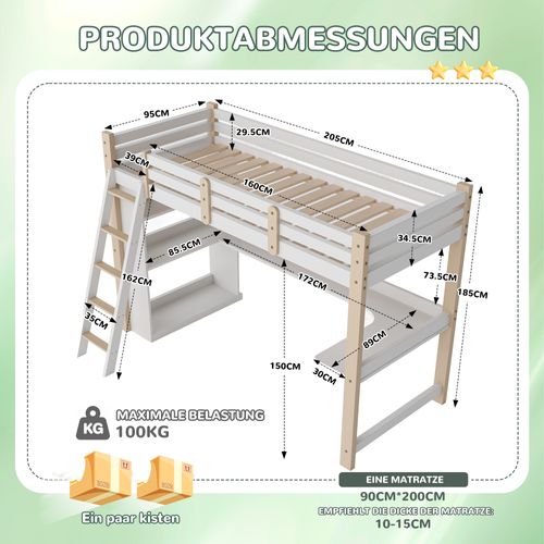 Lit Mezzanine Enfant 90x200 Cm Avec Bureau Et Rangements - Pin, Gris, Escalier, Capacité 120 Kg - 8