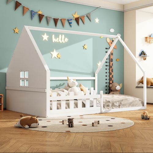 Lit Enfant Avec Barrière De Sécurité, Blanc, 140*200 Cm