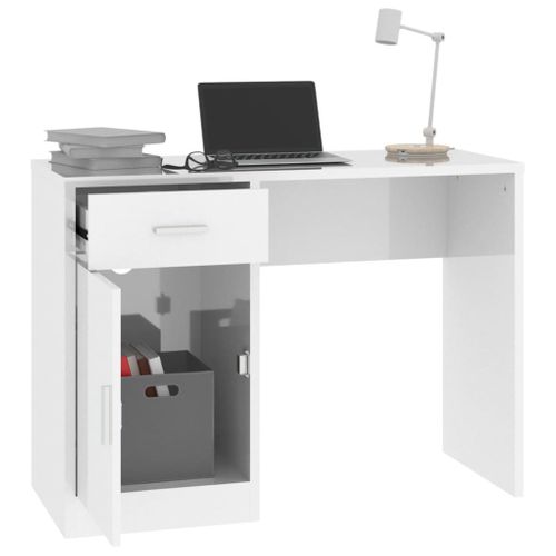 Bureau Droit - Bureau D'ordinateur Avec Tiroir Et Armoire Blanc Brillant 100x40x73 Cm