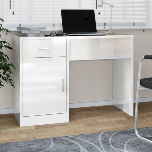 Bureau Droit - Bureau D'ordinateur Avec Tiroir Et Armoire Blanc Brillant 100x40x73 Cm