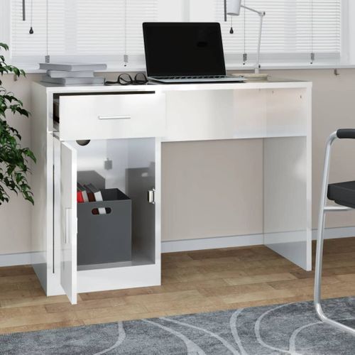 Bureau Droit - Bureau D'ordinateur Avec Tiroir Et Armoire Blanc Brillant 100x40x73 Cm
