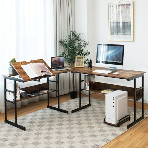 Bureau D'angle, Bureau D'ordinateur Ajustable Avec Plateau Inclinable Support Centrale Café