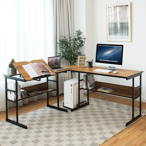 Bureau D'angle, Bureau D'ordinateur Ajustable Avec Plateau Inclinable Support Centrale Marron