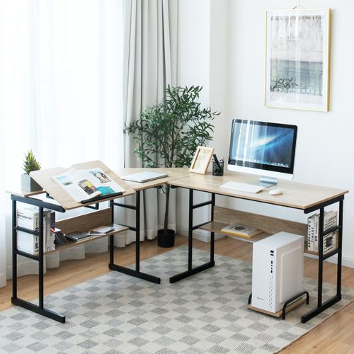 Bureau D'angle, Bureau D'ordinateur Ajustable Avec Plateau Inclinable Support Centrale Naturel