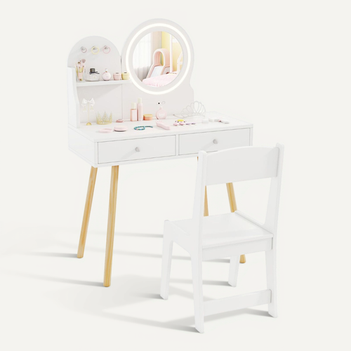 Ensemble De Coiffeuse Enfants, Table De Maquillage Et Chaise Avec Miroir Éclairé Blanc