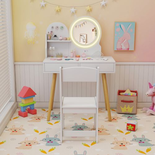 Ensemble De Coiffeuse Enfants, Table De Maquillage Et Chaise Avec Miroir Éclairé Blanc