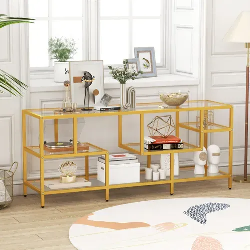 Meuble TV Banc TV Avec Un Grand Plateau Et 4 Etagères En Verre Trempé - 147x40x62 Cm Doré