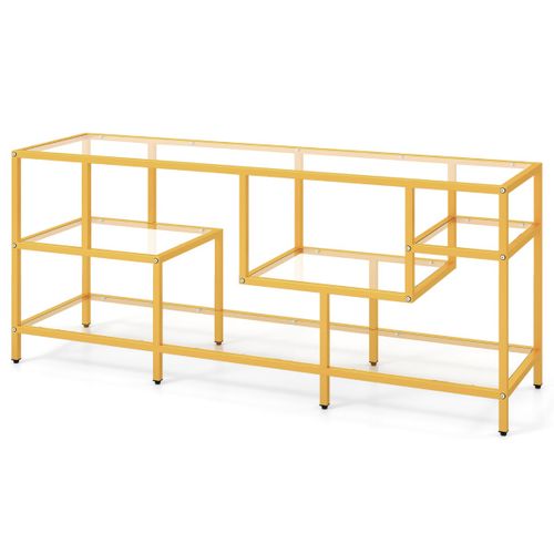 Meuble TV Banc TV Avec Un Grand Plateau Et 4 Etagères En Verre Trempé - 147x40x62 Cm Doré