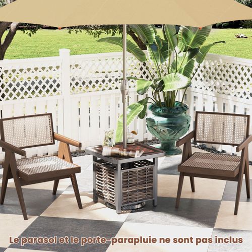 Table De Jardin, Table Basse De Patio Carrée En Rotin Pe Avec Trou Pour Parasol Cadre En Métal