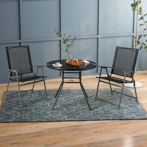 Table De Jardin Carrée Avec Trou Parasol - 80x80 Cm, Structure Métal, Plateau Imitation Marbre