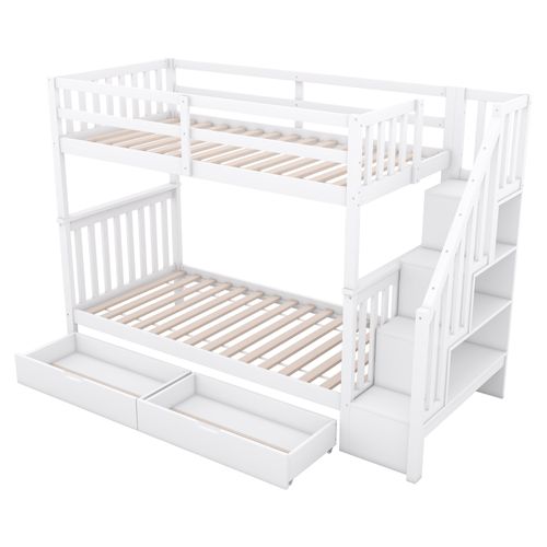 Lit Superposé Enfant 90x200 Cm, Avec étagères De Rangement Et Escalier De Rangement Avec Deux Tiroirs Pin Mdf Nombreux Rangements Adapte Aux Enfants Et Adolescents Blanc 85033422