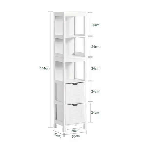 Meuble Colonne De Salle De Bain Armoire Toilette Haute 4 Étagères Et 2 Tiroirs, Blanc, Frg126-w