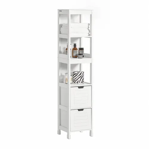 Meuble Colonne De Salle De Bain Armoire Toilette Haute 4 Étagères Et 2 Tiroirs, Blanc, Frg126-w