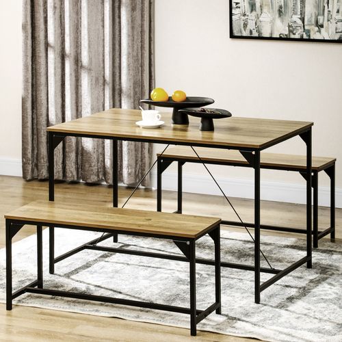 Ensemble Table à Manger Et 2 Bancs Cadre En Acier 4 Personnes Naturel Et Noir
