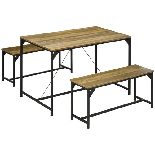 Ensemble Table à Manger Et 2 Bancs Cadre En Acier 4 Personnes Naturel Et Noir
