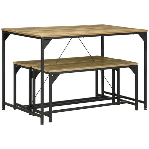 Ensemble Table à Manger Et 2 Bancs Cadre En Acier 4 Personnes Naturel Et Noir