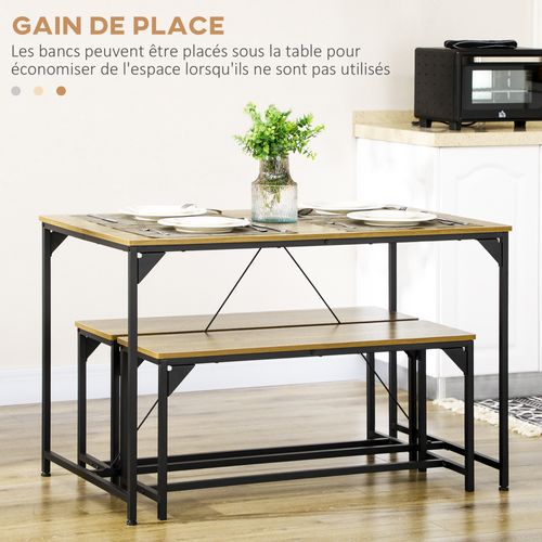 Ensemble Table à Manger Et 2 Bancs Cadre En Acier 4 Personnes Naturel Et Noir