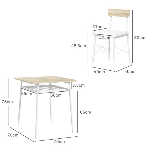 Ensemble Table Et Chaises, Structure En Acier, Avec 2 Chaises Encastrables, Blanc Chêne