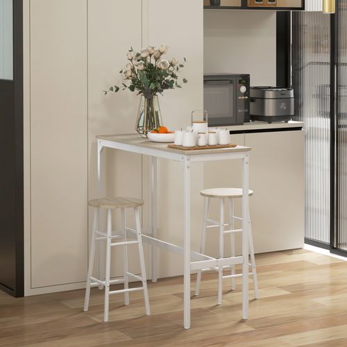 Ensemble Table Haute De Bar + 2 Tabourets En Acier Plateau Aspect Bois Naturel 2 Personnes Blanc