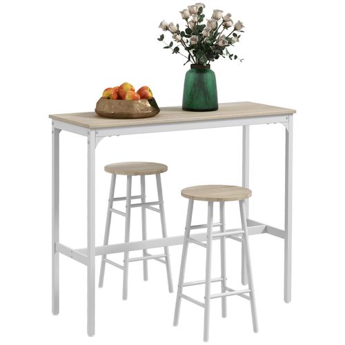 Ensemble Table Haute De Bar + 2 Tabourets En Acier Plateau Aspect Bois Naturel 2 Personnes Blanc
