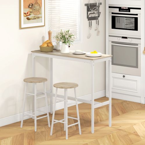 Ensemble Table Haute De Bar + 2 Tabourets En Acier Plateau Aspect Bois Naturel 2 Personnes Blanc