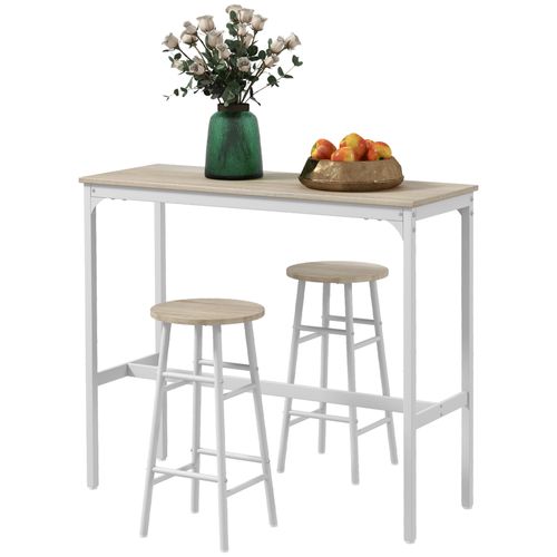 Ensemble Table Haute De Bar + 2 Tabourets En Acier Plateau Aspect Bois Naturel 2 Personnes Blanc