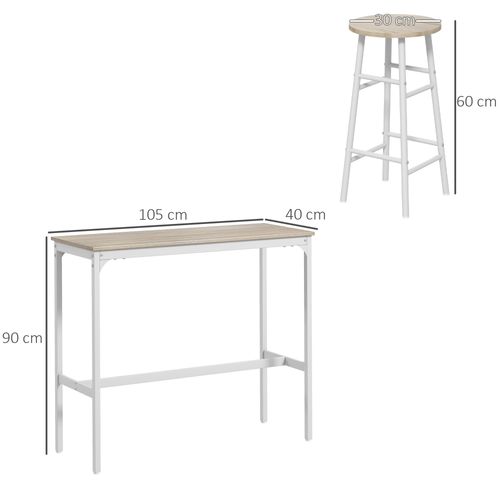 Ensemble Table Haute De Bar + 2 Tabourets En Acier Plateau Aspect Bois Naturel 2 Personnes Blanc