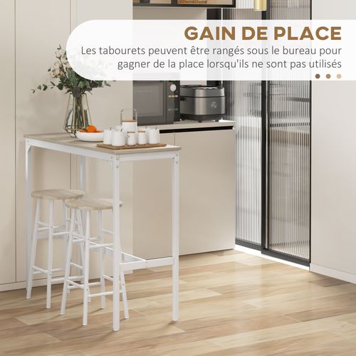 Ensemble Table Haute De Bar + 2 Tabourets En Acier Plateau Aspect Bois Naturel 2 Personnes Blanc
