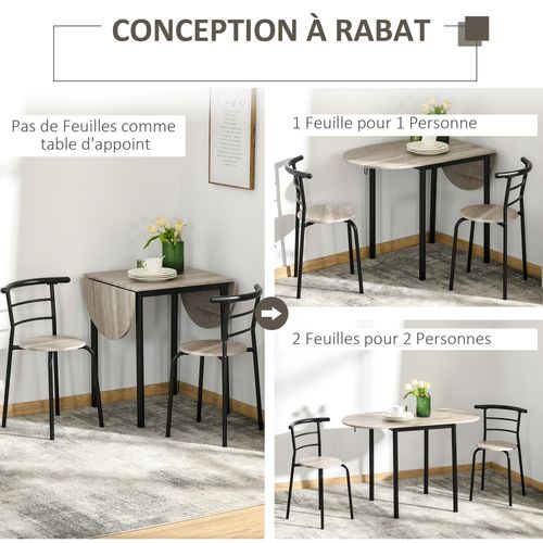 Ensemble Table Ovale Extensible Et 2 Chaises - Table à Rabats - Métal Et Mdf - Noir Et Naturel
