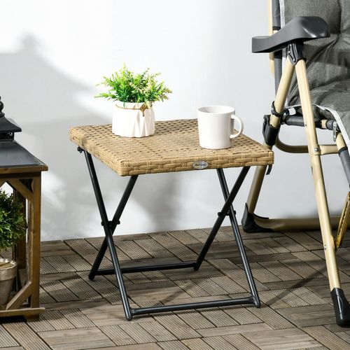 Table Basse Pliable De Jardin Résine Tressée En Pe Couleur Bois Naturel 40x40x40cm