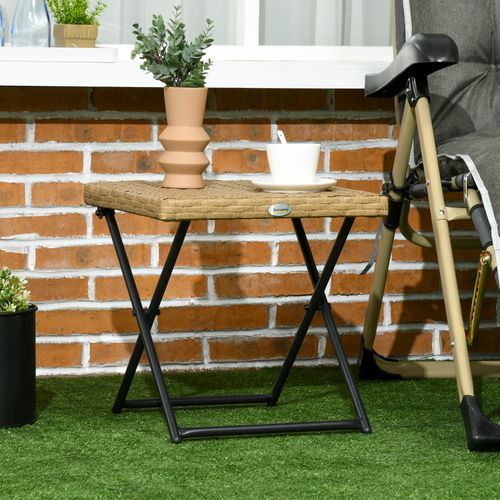Table Basse Pliable De Jardin Résine Tressée En Pe Couleur Bois Naturel 40x40x40cm