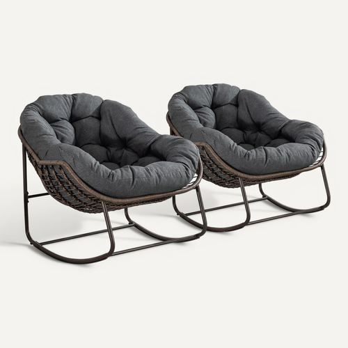 Lot De 2 Fauteuils à Bascule En Rotin Naturel, Forme Oeuf Et Coussins Gris Anthracite – Cocon