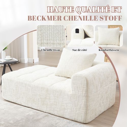Méridienne 1 Places en Chenille - Beige - Avec Poche De Rangement Latérale