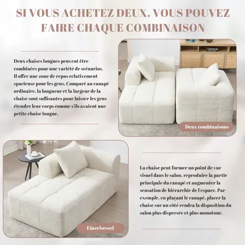 Méridienne 1 Places en Chenille - Beige - Avec Poche De Rangement Latérale