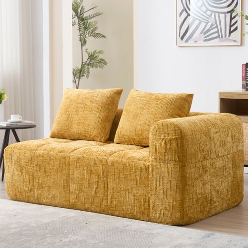 Méridienne 2 Places Chenille Jaune – Poche De Rangement Latérale