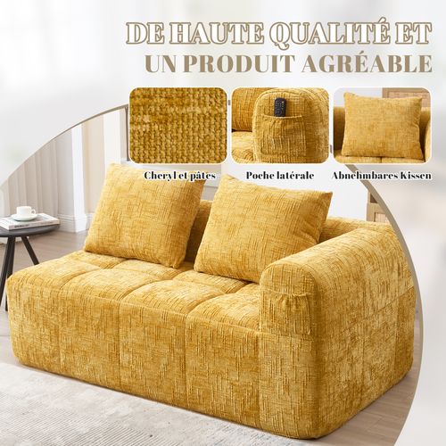 Méridienne 2 Places Chenille Jaune – Poche De Rangement Latérale