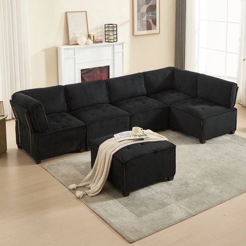 Canapé D'angle Modulable 6 Places En Velours Noir - Modulable à Volonté