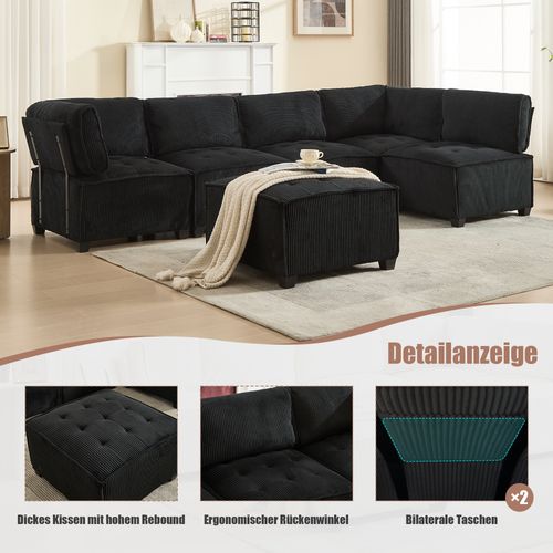 Canapé D'angle Modulable 6 Places En Velours Noir - Modulable à Volonté