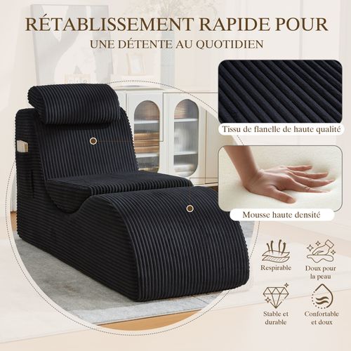 Méridienne En Velours Côtelé Ergonomique noir - Coussin Amovible 2-en-1 - Support 200kg