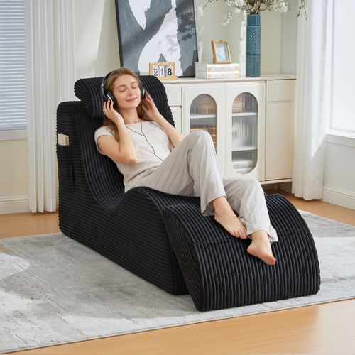 Méridienne En Velours Côtelé Ergonomique noir - Coussin Amovible 2-en-1 - Support 200kg