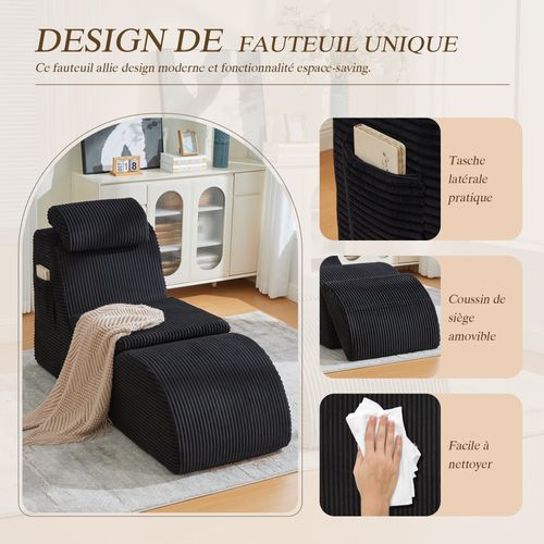Méridienne En Velours Côtelé Ergonomique noir - Coussin Amovible 2-en-1 - Support 200kg