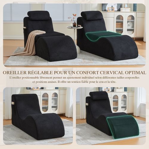 Méridienne En Velours Côtelé Ergonomique noir - Coussin Amovible 2-en-1 - Support 200kg
