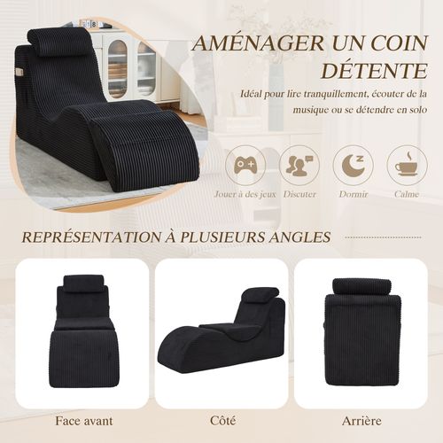 Méridienne En Velours Côtelé Ergonomique noir - Coussin Amovible 2-en-1 - Support 200kg