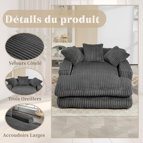 Méridienne 2 Places en Velours Côtelé Gris – Double Couche et Assise Ultra Basse - 125x155x63cm