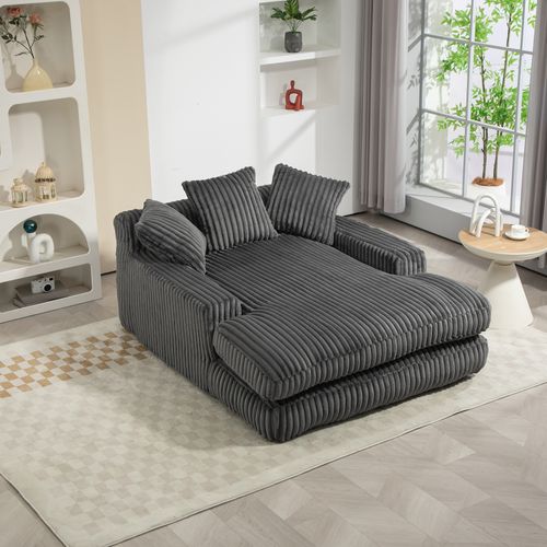 Méridienne 2 Places en Velours Côtelé Gris – Double Couche et Assise Ultra Basse - 125x155x63cm